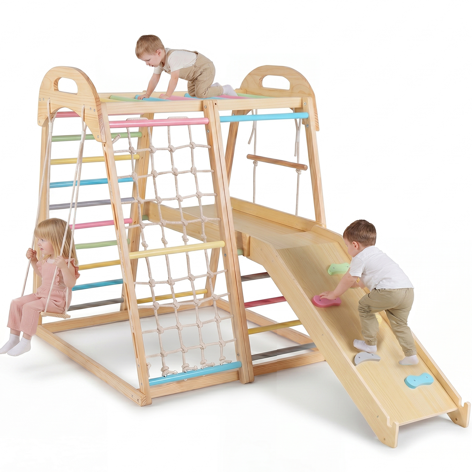 OLAKIDS 8 in 1 Wooden Montessori Indoor Jungle Gym with Swing, Slide, Ramp & Climbing Accessories