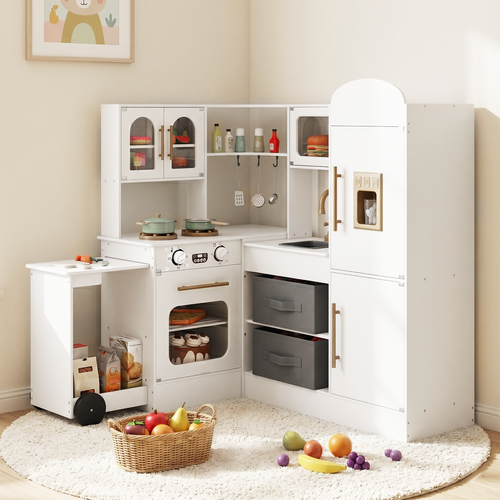 OLAKIDS Corner Kids Kitchen, Wooden Pretend Playset for Boys Girls Aged 3+