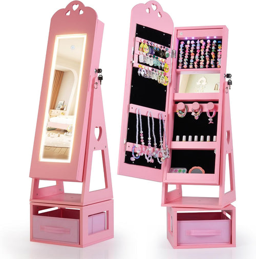 OLAKIDS Kids Jewelry Armoire Cabinet, 360° Swivel Lockable Standing Makeup Organizer