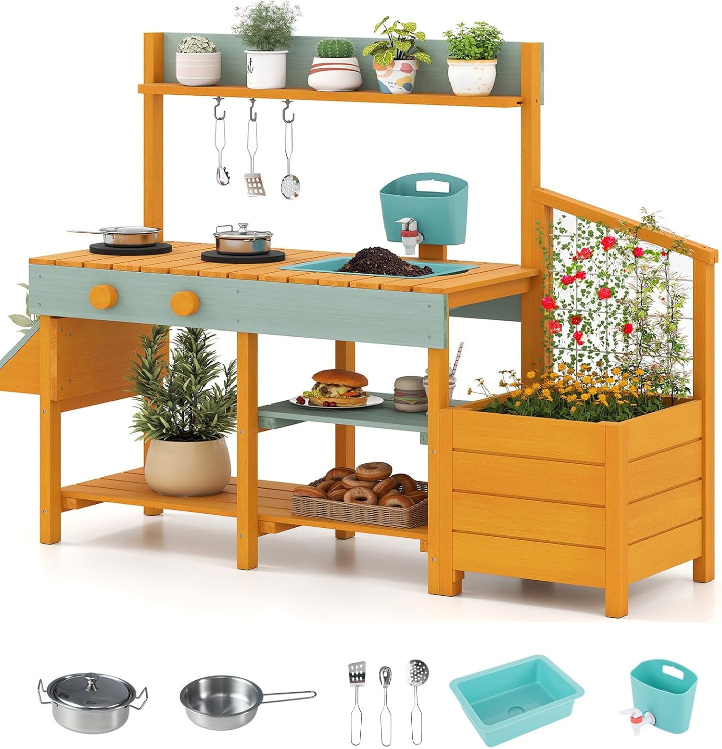 OLAKIDS Wooden Mud Kitchen Outdoor Play Kitchen with Faucet Sink Chalkboard for Kids 3+