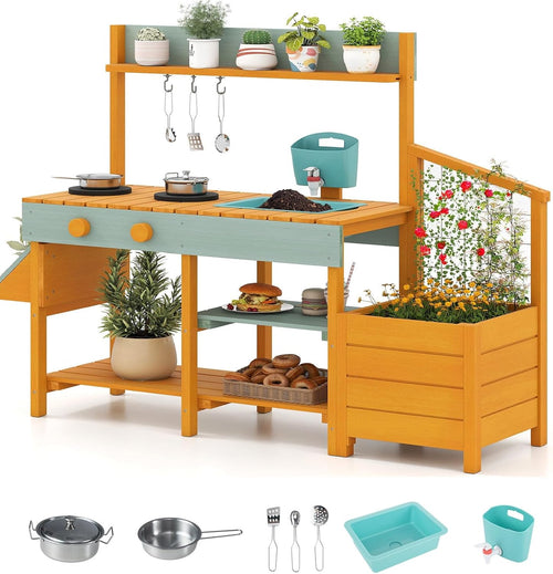 OLAKIDS Wooden Mud Kitchen Outdoor Play Kitchen with Faucet Sink Chalkboard for Kids 3+
