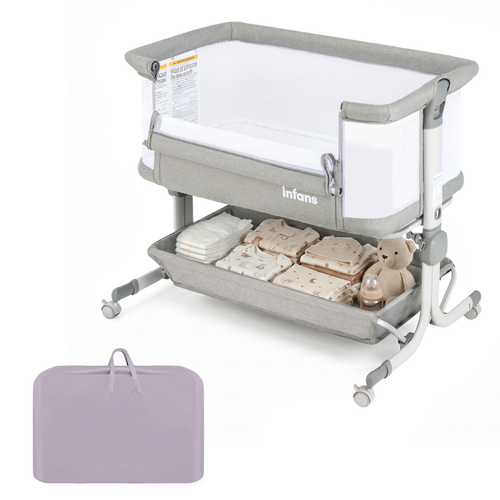 INFANS 3-in-1 Baby Bassinet, Bedside Sleeper with Comfy Mattress, Wheels, 6-Height Adjustable, Storage Basket