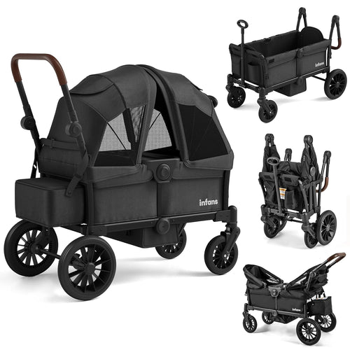 INFANS Wagon Stroller for 2 Kids, Collapsible Adjustable Push Pull Handle Bar, 2 Seater Stroller Wagon