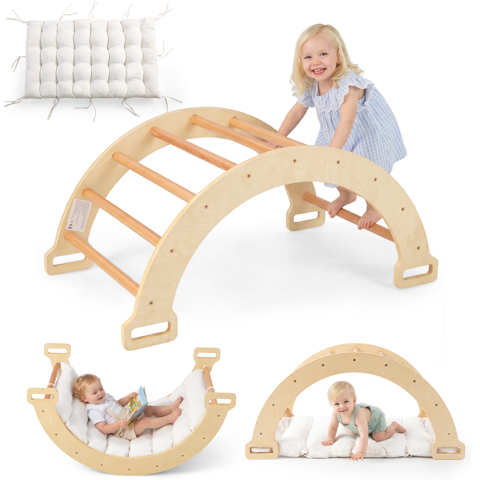 OLAKIDS Wooden Arch Climber Rocker with Soft Cushion, 4 in 1 Montessori Climbing Ladder Toys for Toddlers