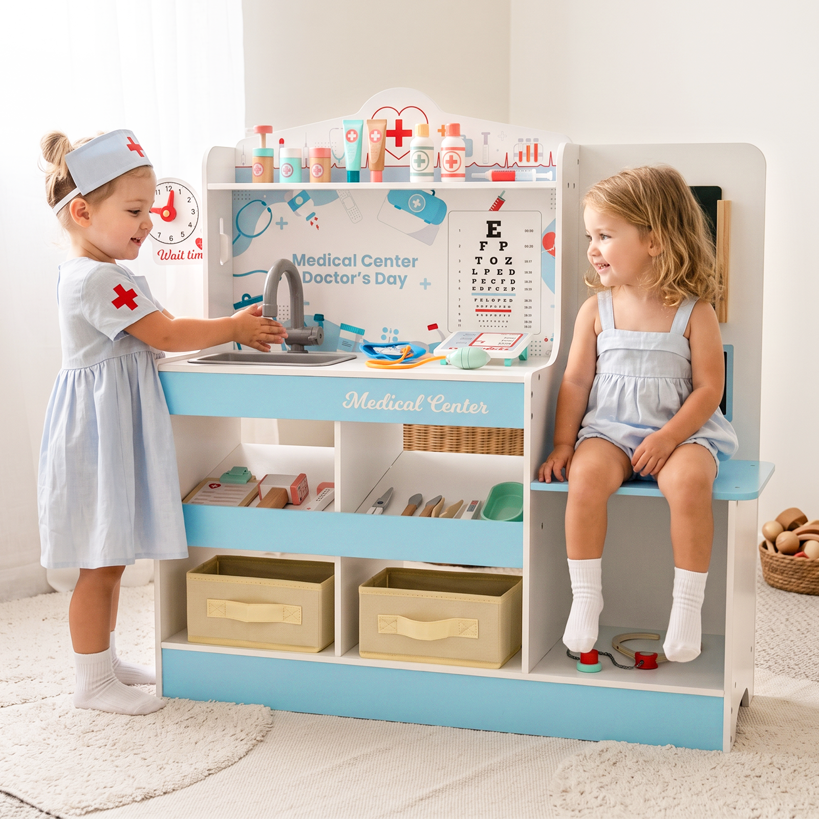 OLAKIDS Doctor Playset Wooden Pretend Medical Station Activity Center Toy Set for Toddler