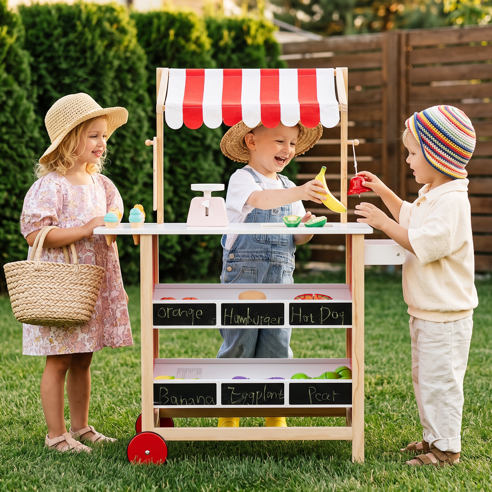 OLAKIDS Wooden Grocery Store Marketplace Toy, Supermarket Pretend Play, Extra Storage 6 Ice Creams Scales Bells Chalkboards, Fun Indoor Farmer's Market Stand Set Gift for Ages 3+