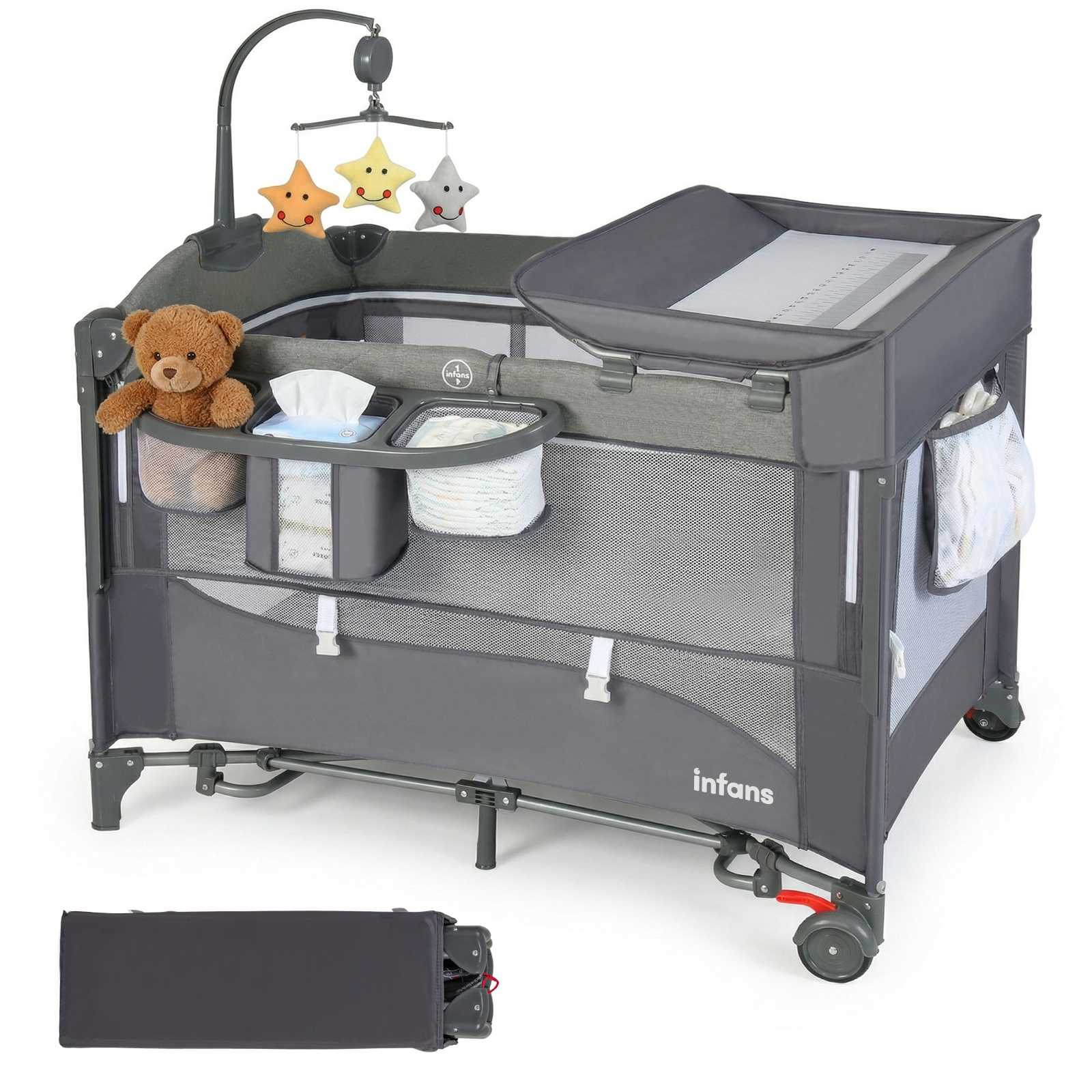 INFANS 5 in 1 Portable Playard, Larger Size Baby Bassinet Bedside Sleeper, Diaper Changer, Foldable Bedside Crib
