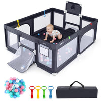 INFANS 74" x 62" Baby Playpen with Soft Mat, Basketball Hoop, 2 Soccer Goals, 4 Handles & 50 Ocean Balls, Breathable Mesh, Indoor & Outdoor Large Play Yard for Toddlers