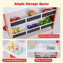 OLAKIDS Wooden Grocery Store Marketplace Toy, Supermarket Pretend Play, Extra Storage 6 Ice Creams Scales Bells Chalkboards, Fun Indoor Farmer's Market Stand Set Gift for Ages 3+