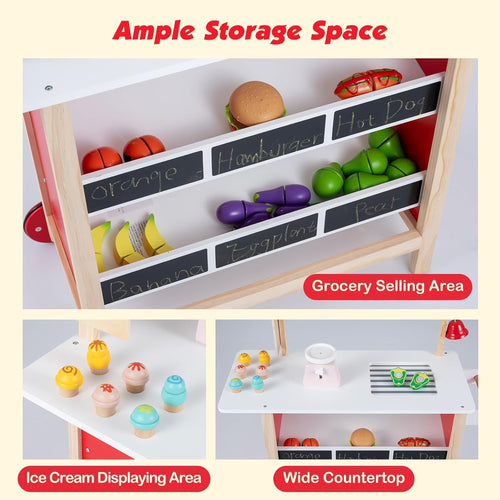 OLAKIDS Wooden Grocery Store Marketplace Toy, Supermarket Pretend Play, Extra Storage 6 Ice Creams Scales Bells Chalkboards, Fun Indoor Farmer's Market Stand Set Gift for Ages 3+