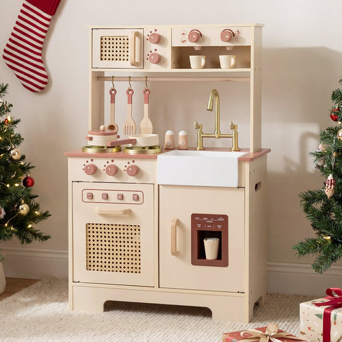 OLAKIDS Play Kitchen, Wooden Kids Cooking Toy with Realistic Lights Sounds, Ice Maker, Microwave, 14 Pretend Play Accessories for Boys Girls Ages 3+