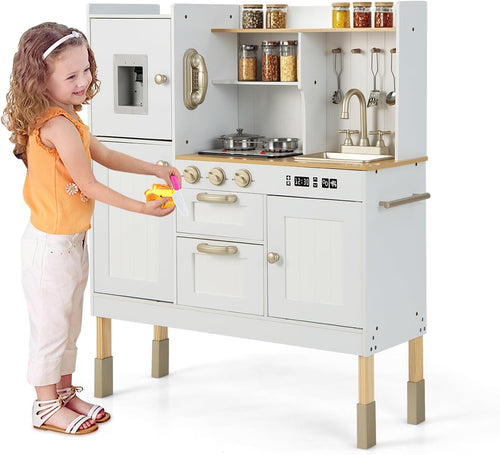 OLAKIDS Wooden Pretend Kitchen Playset for Toddlers with Realistic Light, Sound, Microwave & Storage Cabinet