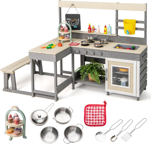 OLAKIDS Wooden Mud Kitchen Outdoor Play Kitchen with Faucet Sink Chalkboard for Kids 3+