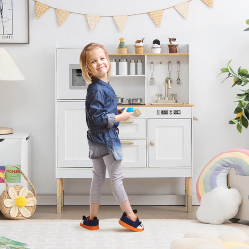 OLAKIDS Wooden Pretend Kitchen Playset for Toddlers with Realistic Light, Sound, Microwave & Storage Cabinet