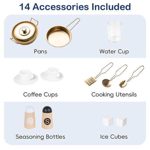 OLAKIDS Kids Kitchen Playset, Wooden Pretend Play Kitchen with Realistic Light Sound 14 Accessories, Toddler Cooking Toy for Boys Girls Aged 3+