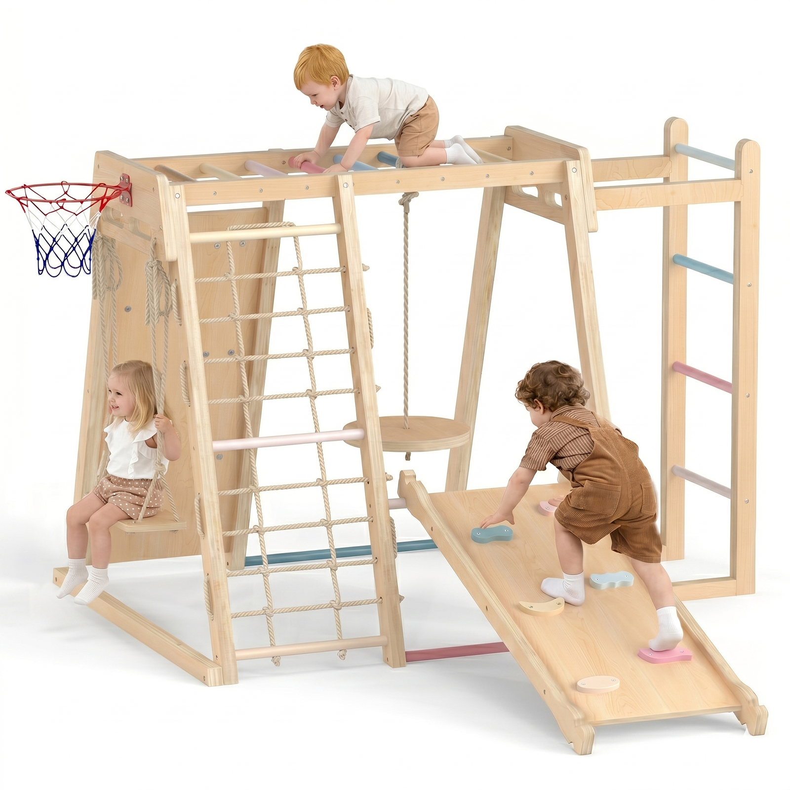 OLAKIDS Indoor Jungle Gym, 9 in 1 Wooden Montessori Baby Climbing Toys