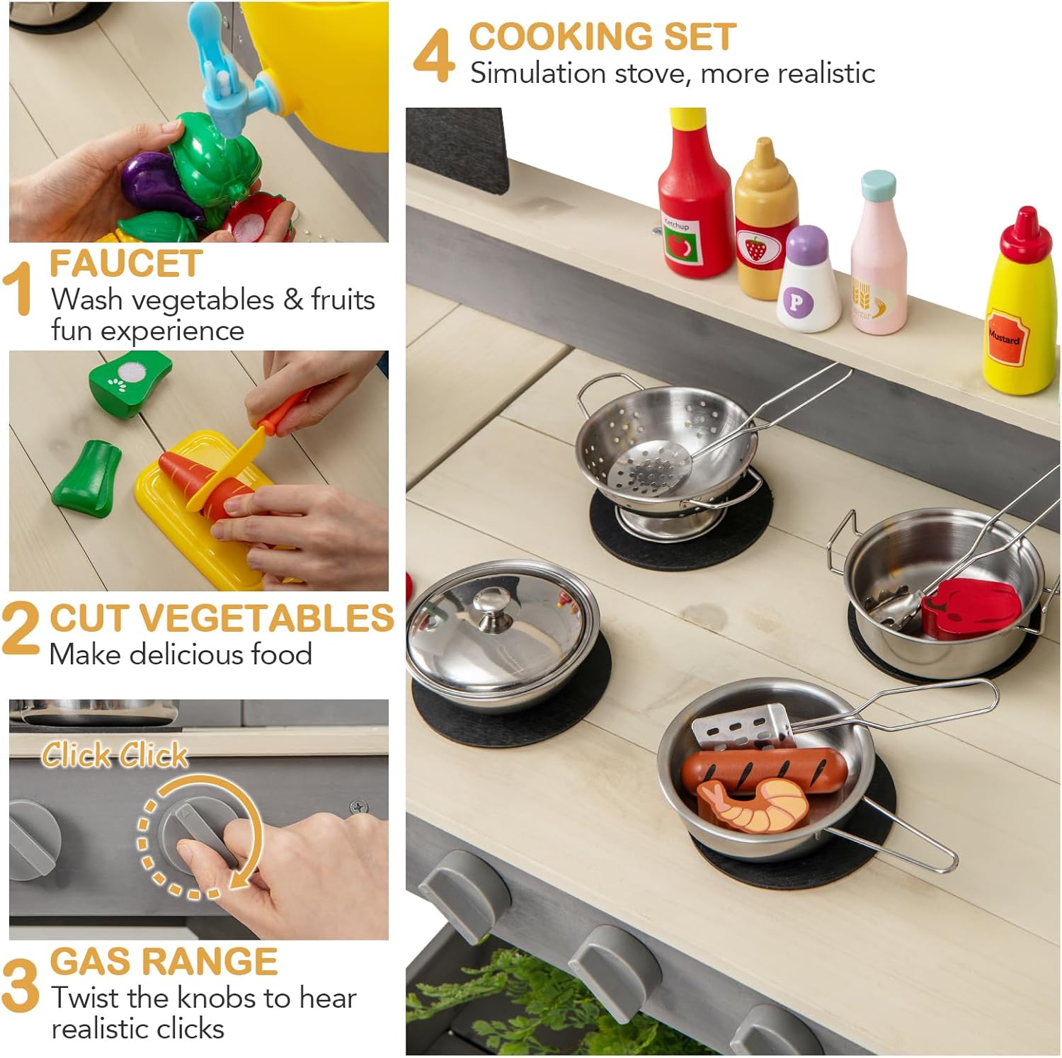 OLAKIDS Wooden Mud Kitchen Outdoor Play Kitchen with Faucet Sink Chalkboard for Kids 3+