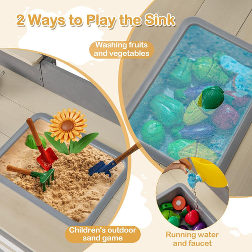 OLAKIDS Wooden Mud Kitchen Outdoor Play Kitchen with Faucet Sink Chalkboard for Kids 3+