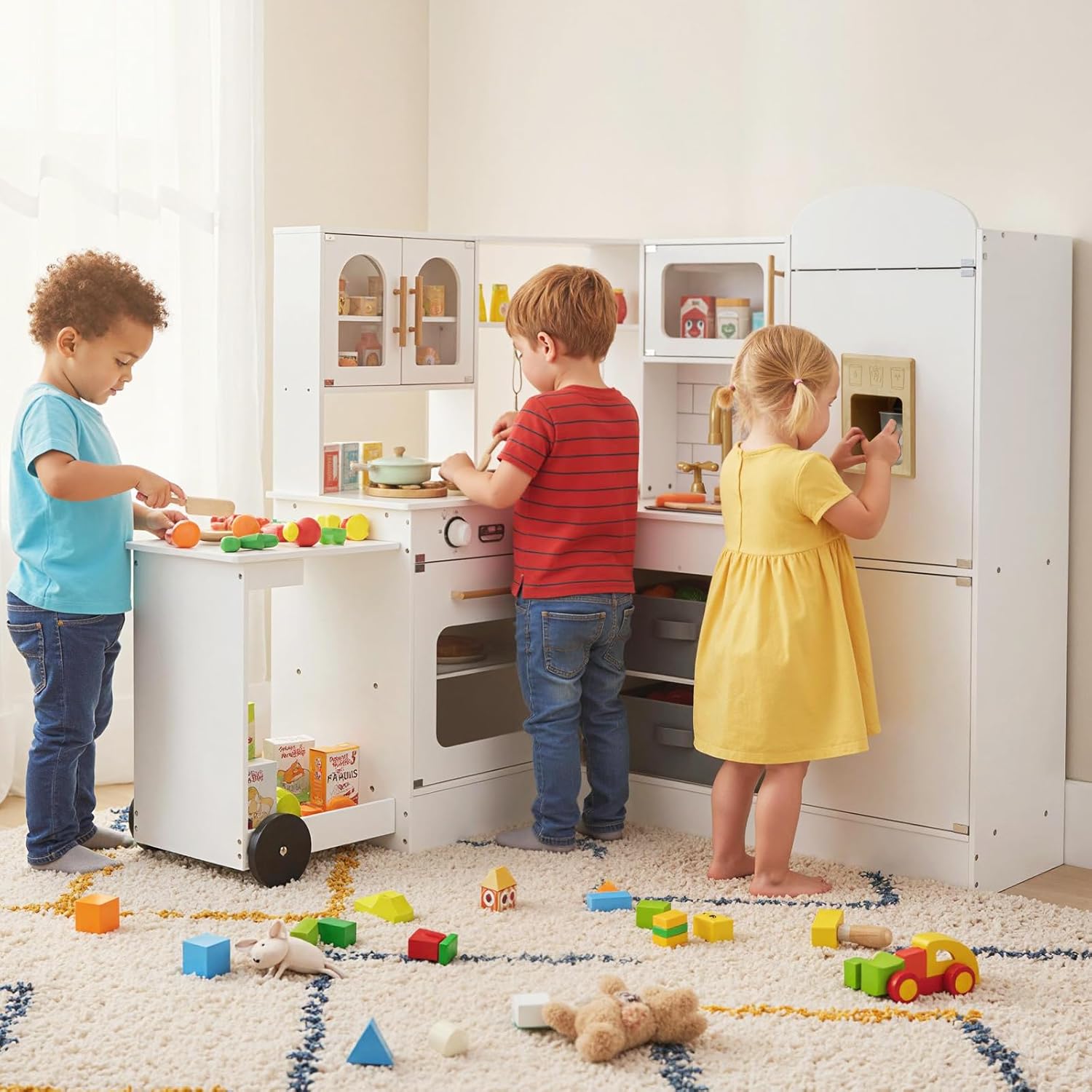 OLAKIDS Corner Kids Kitchen, Wooden Pretend Playset for Boys Girls Aged 3+