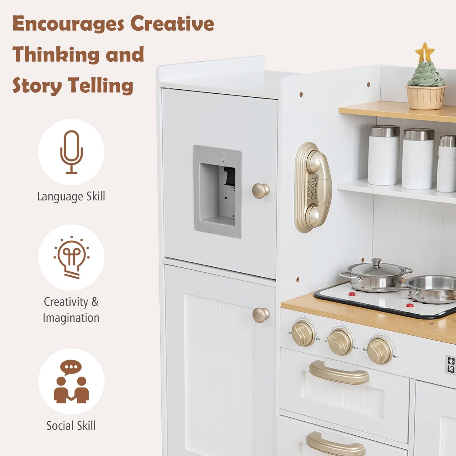 OLAKIDS Wooden Pretend Kitchen Playset for Toddlers with Realistic Light, Sound, Microwave & Storage Cabinet