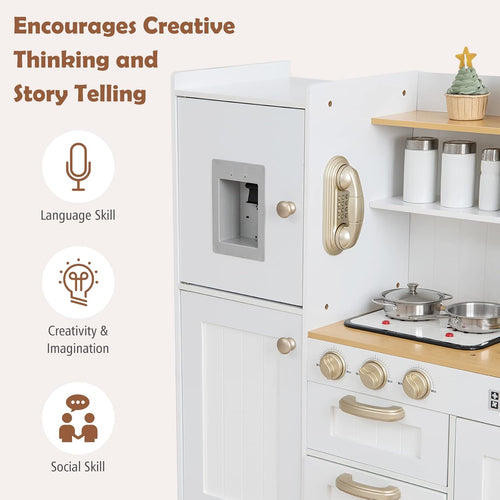 OLAKIDS Wooden Pretend Kitchen Playset for Toddlers with Realistic Light, Sound, Microwave & Storage Cabinet