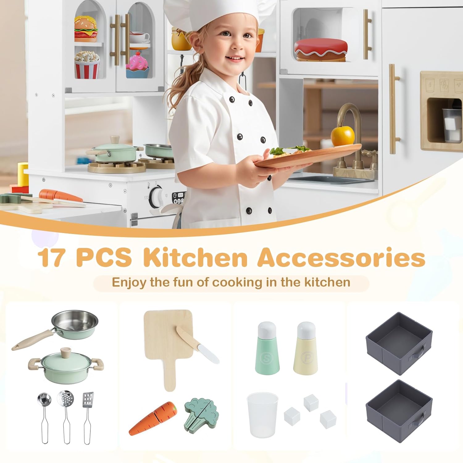 OLAKIDS Corner Kids Kitchen, Wooden Pretend Playset for Boys Girls Aged 3+