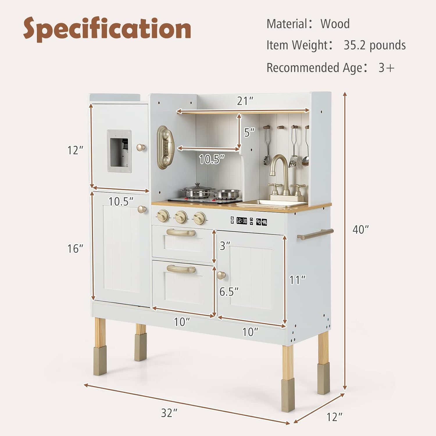 OLAKIDS Wooden Pretend Kitchen Playset for Toddlers with Realistic Light, Sound, Microwave & Storage Cabinet