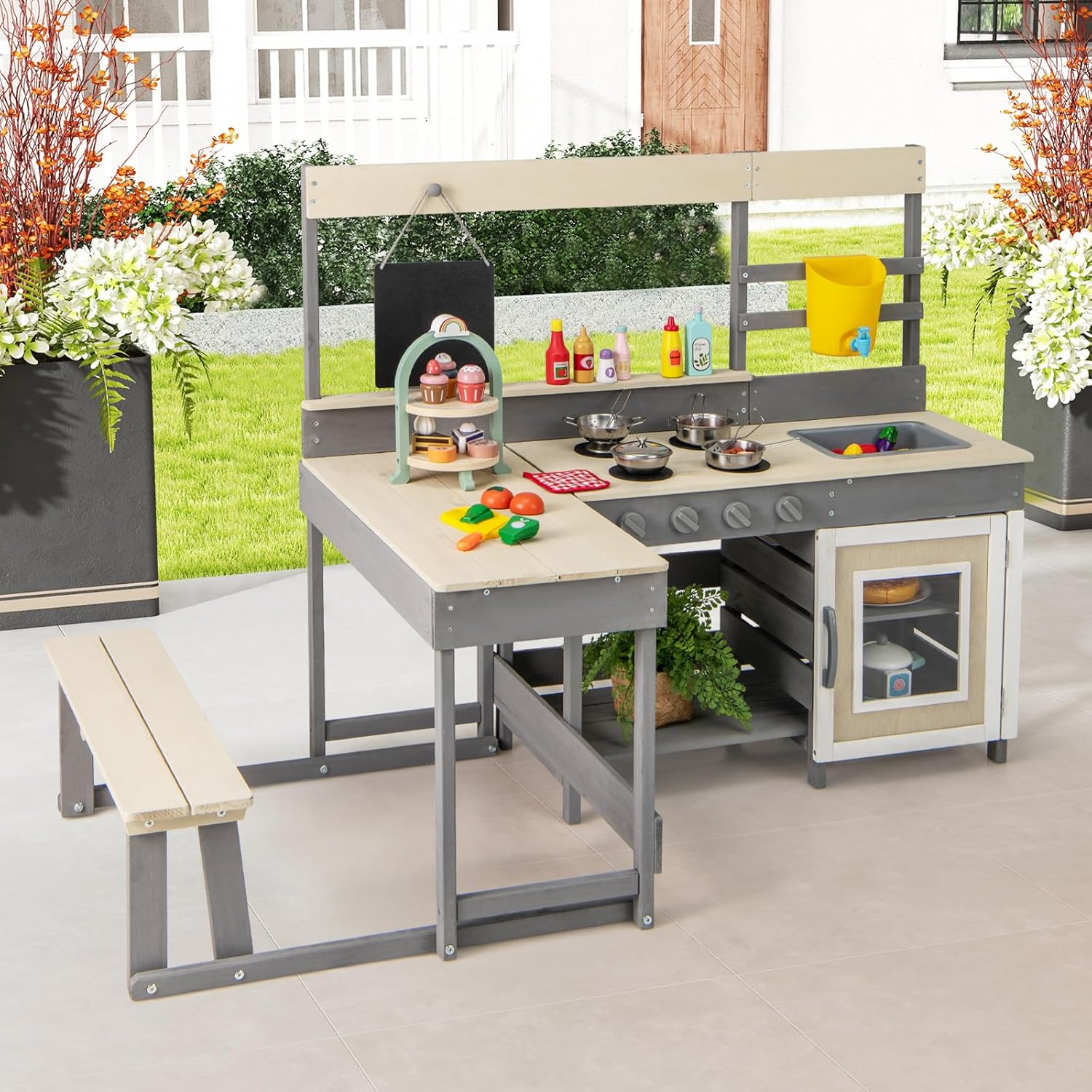 OLAKIDS Wooden Mud Kitchen Outdoor Play Kitchen with Faucet Sink Chalkboard for Kids 3+