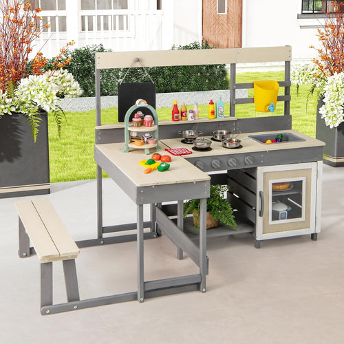 OLAKIDS Wooden Mud Kitchen Outdoor Play Kitchen with Faucet Sink Chalkboard for Kids 3+