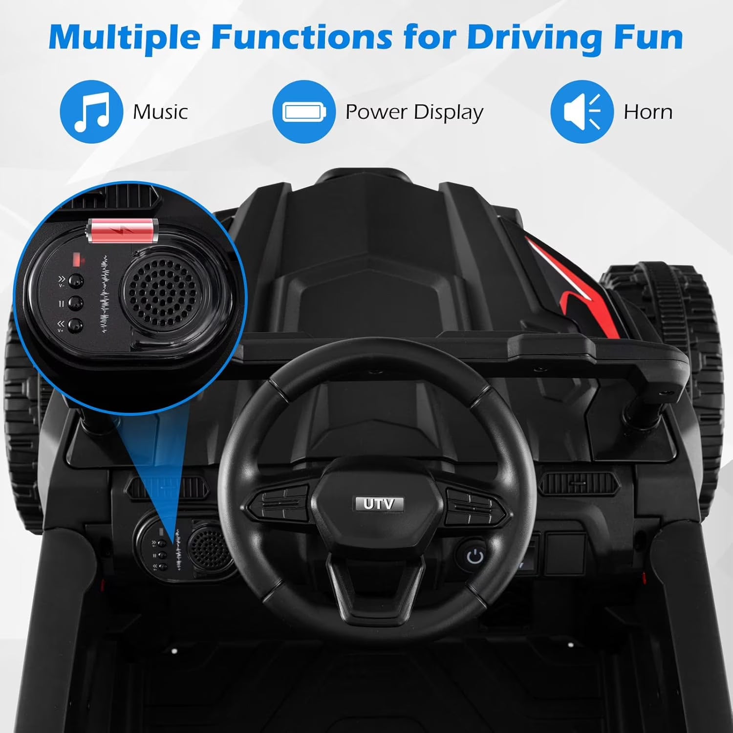 OLAKIDS 12V Ride on Car UTV, Electric Off-Road Truck with Remote Control, Lockable Doors, Safety Belt, Horn, Music, Lights, 4 Wheeler Toys for Kids Toddlers Aged 3+ Years