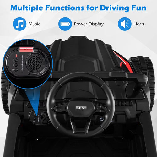 OLAKIDS 12V Ride on Car UTV, Electric Off-Road Truck with Remote Control, Lockable Doors, Safety Belt, Horn, Music, Lights, 4 Wheeler Toys for Kids Toddlers Aged 3+ Years