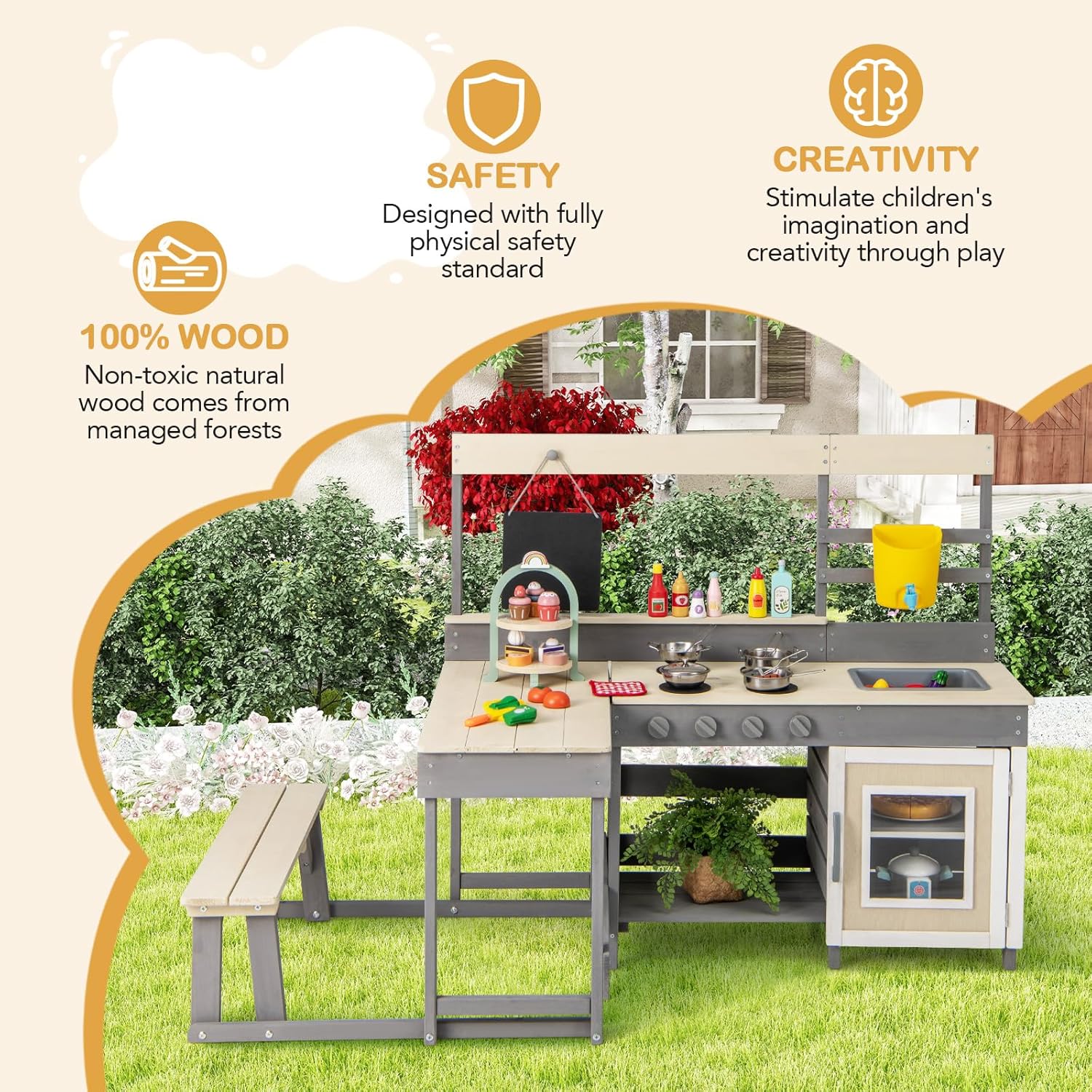 OLAKIDS Wooden Mud Kitchen Outdoor Play Kitchen with Faucet Sink Chalkboard for Kids 3+