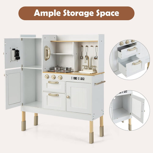 OLAKIDS Wooden Pretend Kitchen Playset for Toddlers with Realistic Light, Sound, Microwave & Storage Cabinet