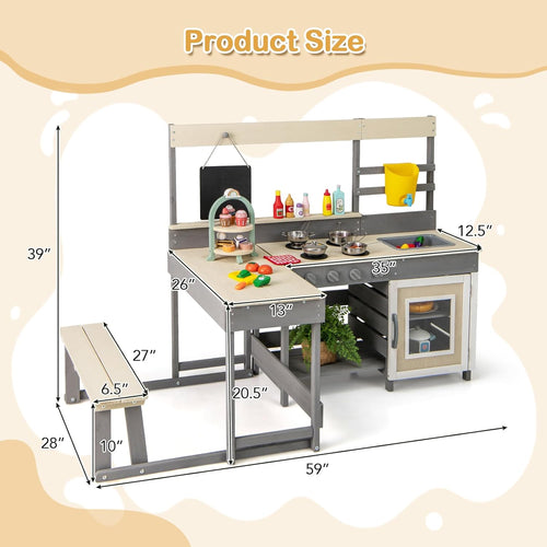 OLAKIDS Wooden Mud Kitchen Outdoor Play Kitchen with Faucet Sink Chalkboard for Kids 3+