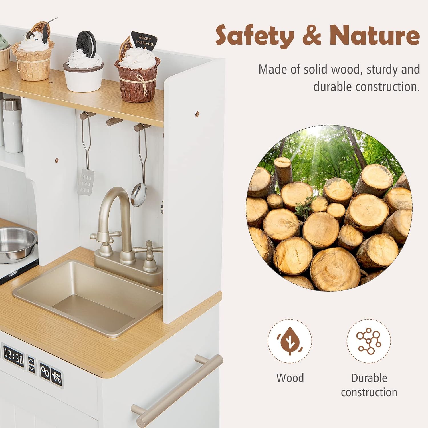 OLAKIDS Wooden Pretend Kitchen Playset for Toddlers with Realistic Light, Sound, Microwave & Storage Cabinet
