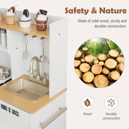 OLAKIDS Wooden Pretend Kitchen Playset for Toddlers with Realistic Light, Sound, Microwave & Storage Cabinet
