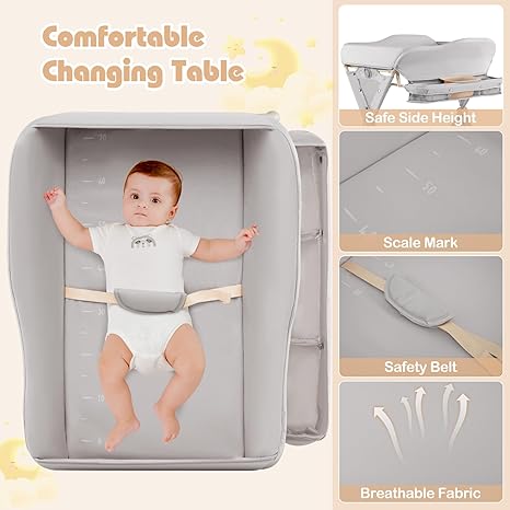 INFANS Baby Changing Table with Wheels, Portable Folding Diaper Station Nursery Organizer with Storage Basket, Hanging Rack, Adjustable Height, Safety Belt for Newborn Infant