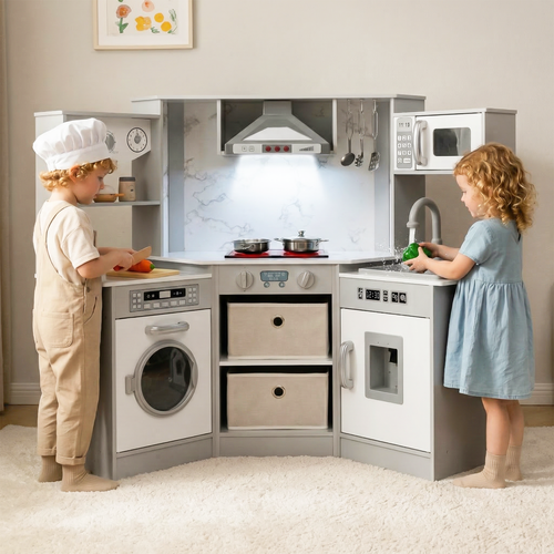 OLAKIDS Corner Kids Kitchen Playset, Toddler Wooden Pretend Cooking Set, Simulation Play Kitchen Toy