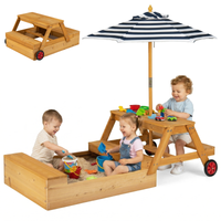 OLAKIDS 3-in-1 Wooden Kids Picnic Table, Outdoor Sandbox with Lid, Benches, Wheels, Storage & Adjustable Umbrella