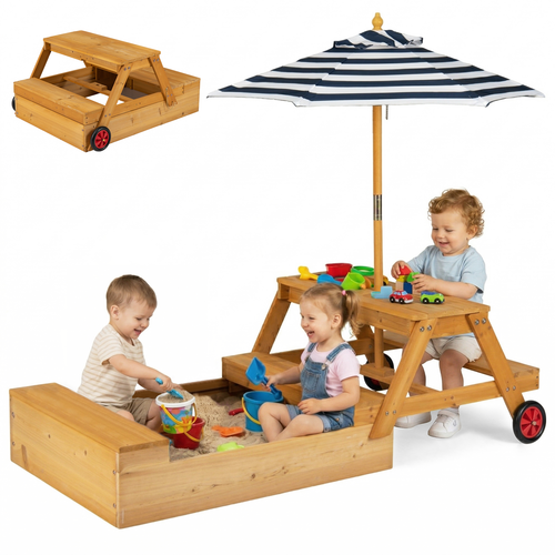 OLAKIDS 3-in-1 Wooden Kids Picnic Table, Outdoor Sandbox with Lid, Benches, Wheels, Storage & Adjustable Umbrella