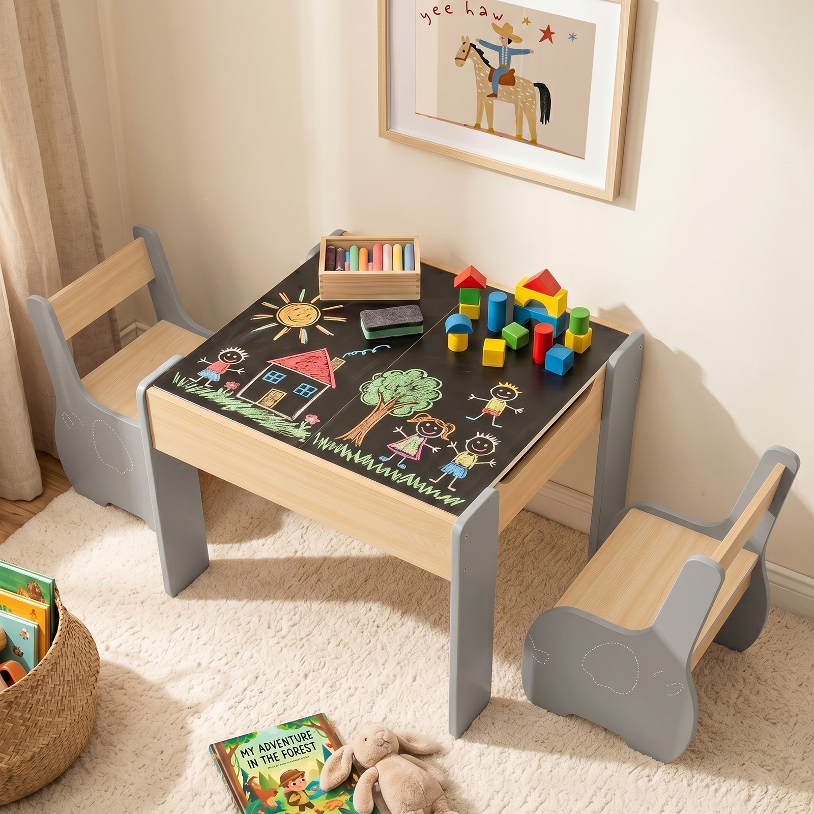 OLAKIDS 3 in 1 Kids Table and Chair Set, Wood Multi Activity Table with Removable Tabletop, Detachable Blackboard