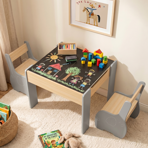OLAKIDS 3 in 1 Kids Table and Chair Set, Wood Multi Activity Table with Removable Tabletop, Detachable Blackboard