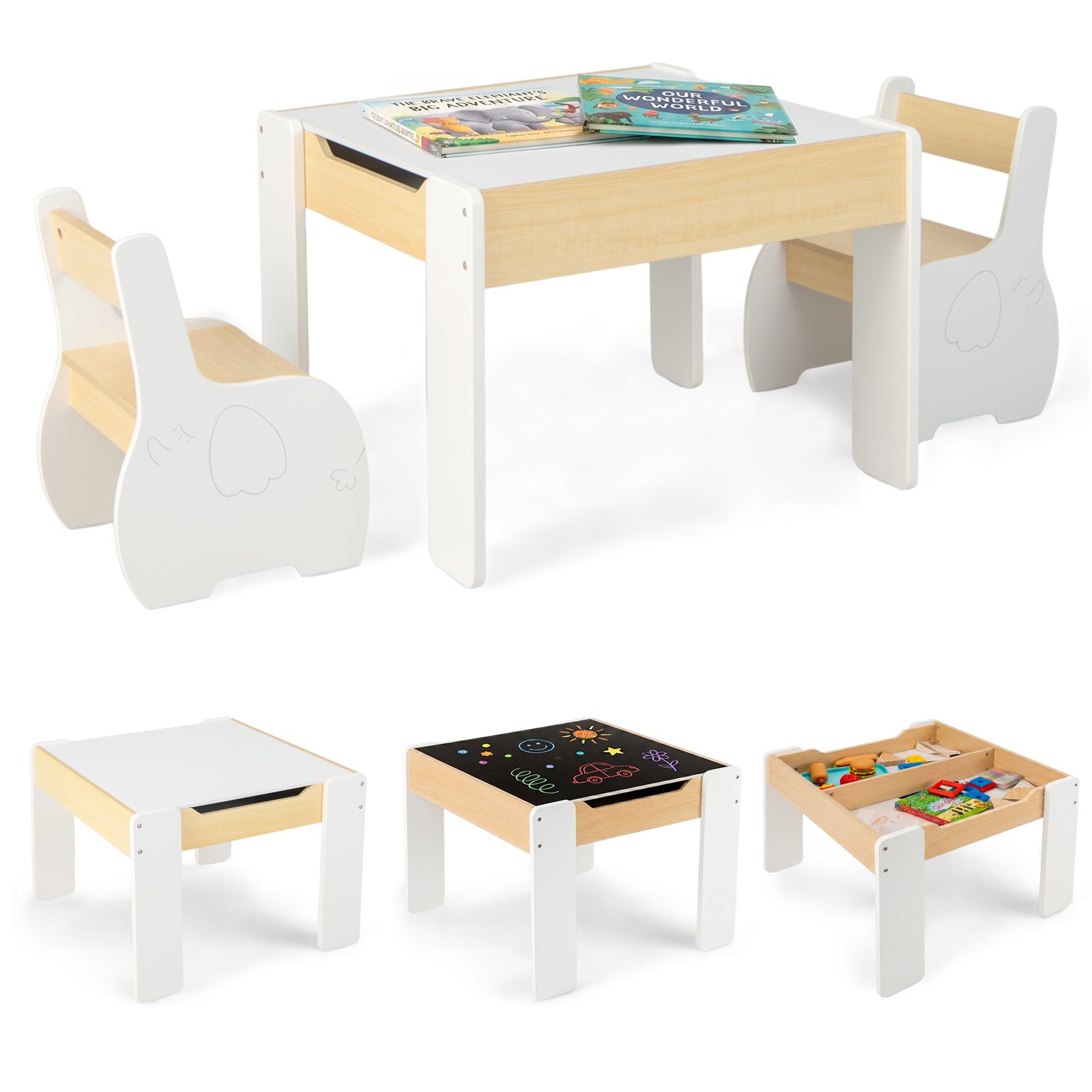 OLAKIDS 3 in 1 Kids Table and Chair Set, Wood Multi Activity Table with Removable Tabletop, Detachable Blackboard