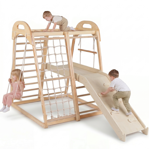 OLAKIDS 8 in 1 Wooden Montessori Indoor Jungle Gym with Swing, Slide, Ramp & Climbing Accessories