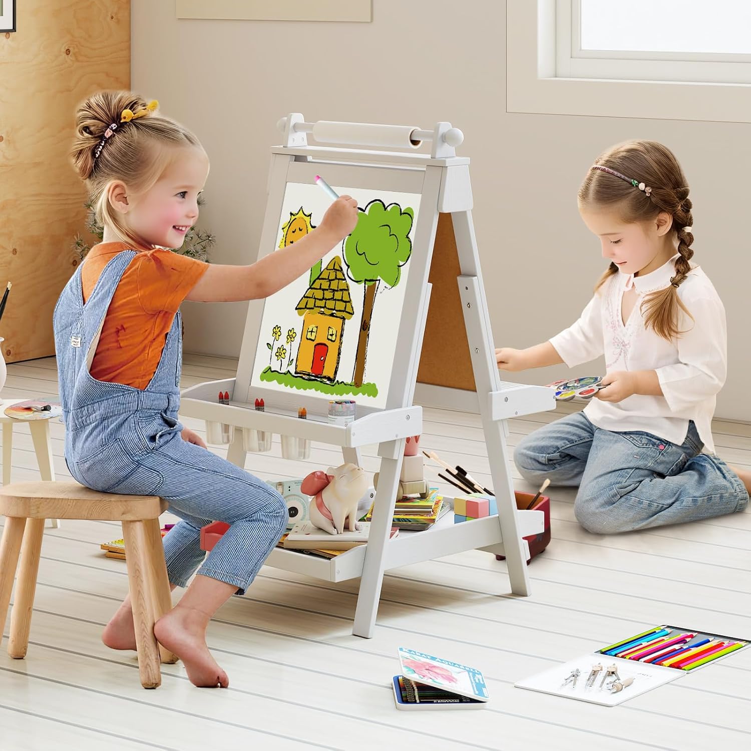 OLAKIDS Easel for Kids, 3 in 1 Adjustable Painting Art Board, Foldable Double-Sided Wooden Drawing Chalkboard Magnetic Whiteboard