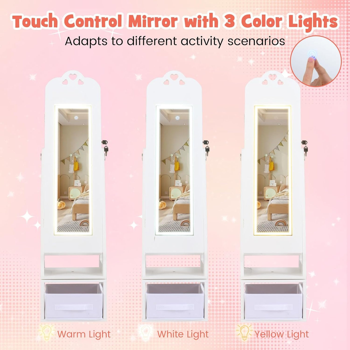 OLAKIDS Kids Jewelry Armoire Cabinet, 360° Swivel Lockable Standing Makeup Organizer