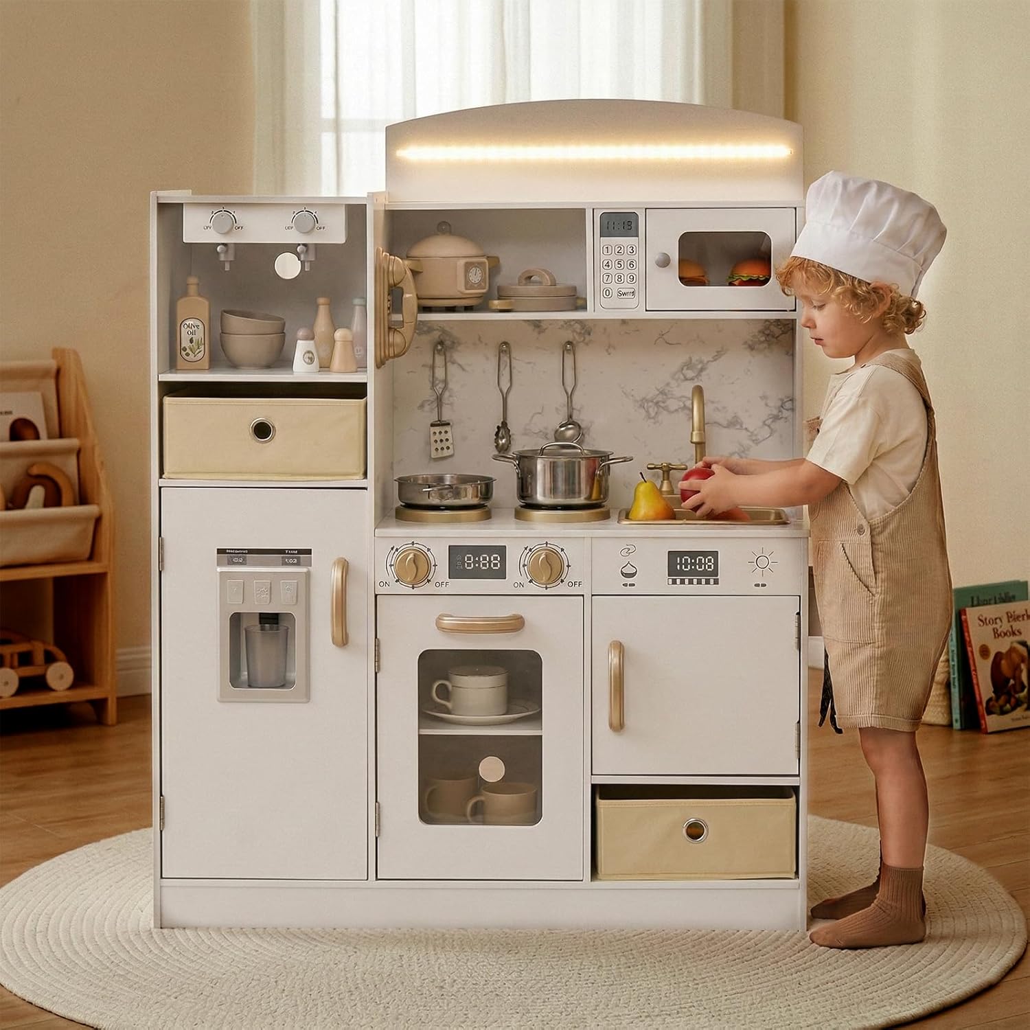 OLAKIDS Wooden Toddler Kitchen Playset with Lights, Coffee Maker, Ice Maker, Stove, Sink, Microwave and 2 Storage Bins