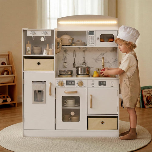 OLAKIDS Wooden Toddler Kitchen Playset with Lights, Coffee Maker, Ice Maker, Stove, Sink, Microwave and 2 Storage Bins