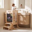 OLAKIDS Foldable 4-in-1 Wooden Toddler Tower, 2-Step Standing Stool with Chalkboard, Kitchen Helper for Kids 3+
