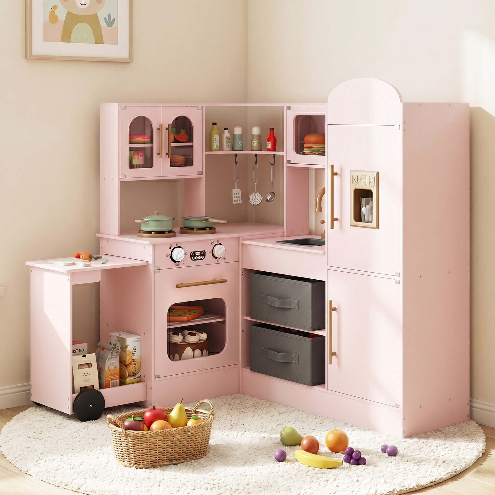 OLAKIDS Corner Kids Kitchen, Wooden Pretend Playset for Boys Girls Aged 3+